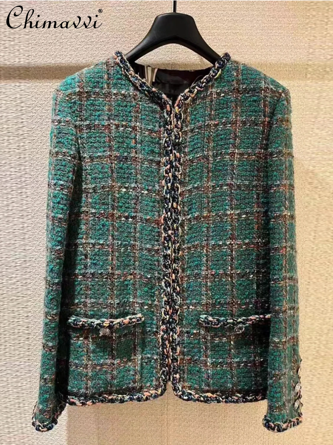 

Womens Clothes Autumn Winter French Fashion Green Plaid Tweed Coat Office Lady Elegant Round Neck Neck Women Top Feminine Jacket