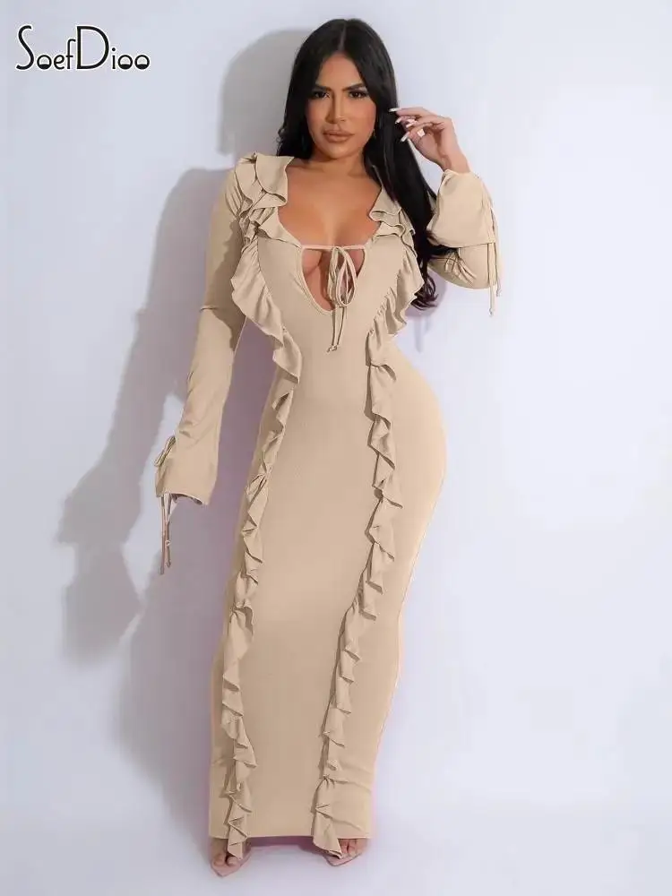 

Soefdioo Ribbed Solid Ruffles Maxi Dress Women Hipster Sexy Deep V-Neck Long Sleeve Body-Shaping Robe 2024 Spring Party Clubwear