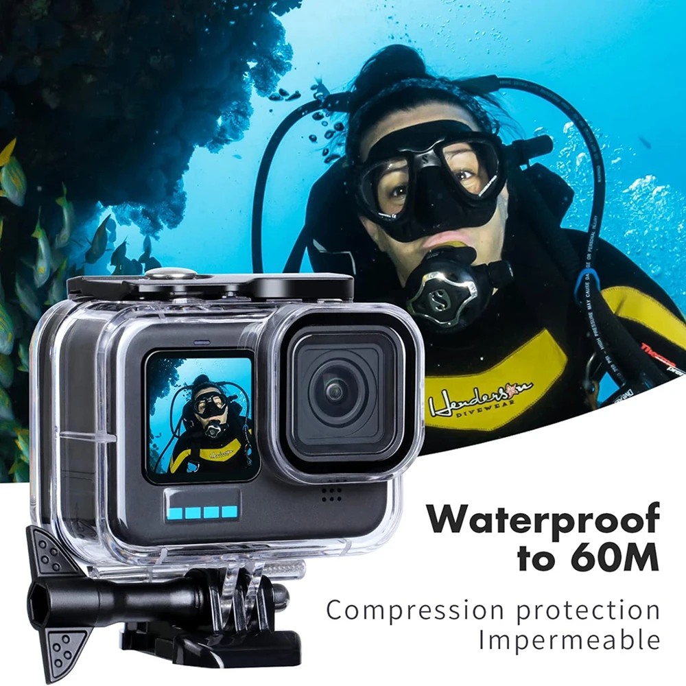 Caisson étanche 60m pour GoPro Hero 13 12 11 10 9, dos avec accès aux boutons et logement de la caméra.