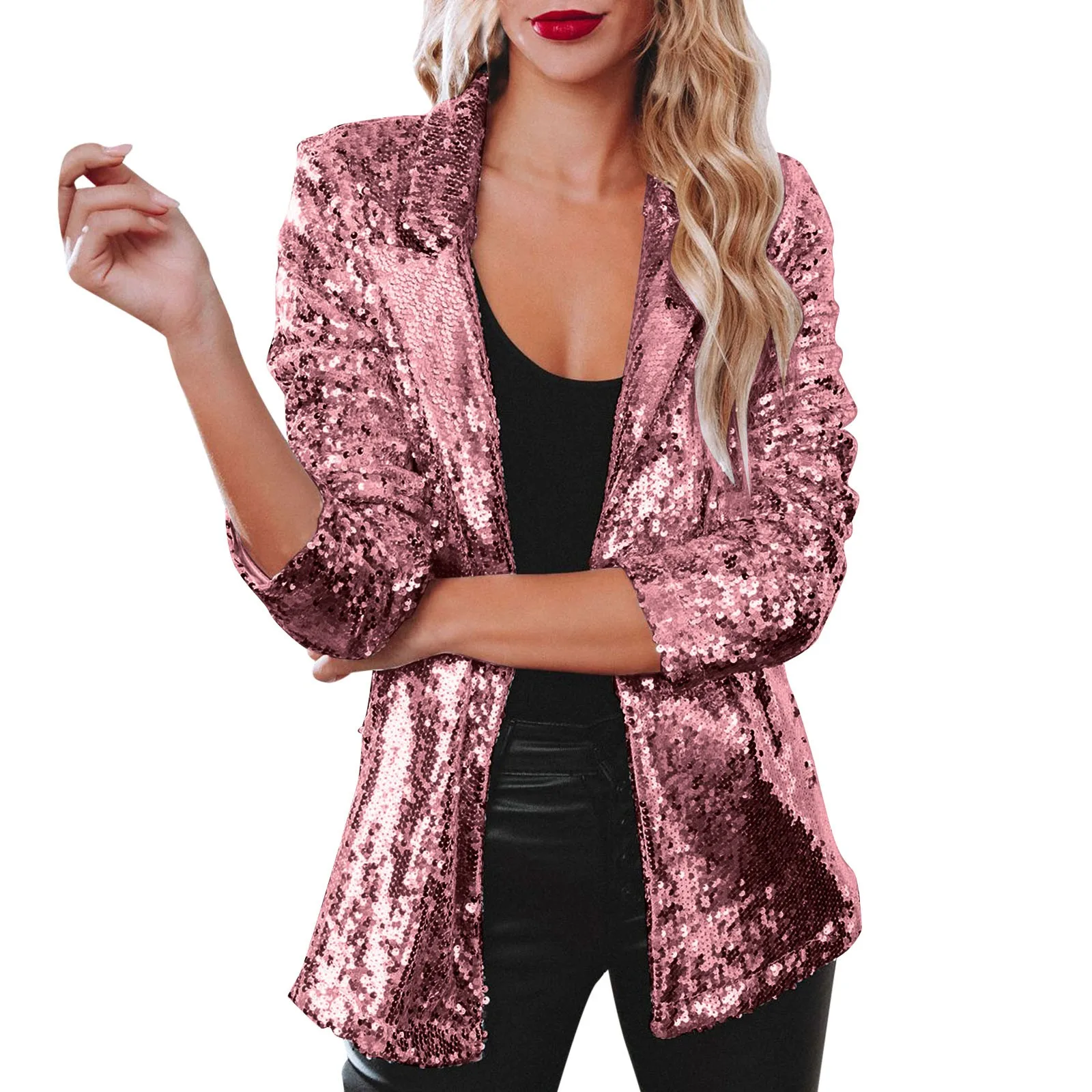 thumbnail image 1 of Chaqueta tipo cárdigan con lentejuelas para mujer, chaqueta de manga larga con purpurina, chaquetas brillantes, ropa de discoteca, abrigo abierto por delante, ropa de fiesta rave, Halloween, 1 of 4