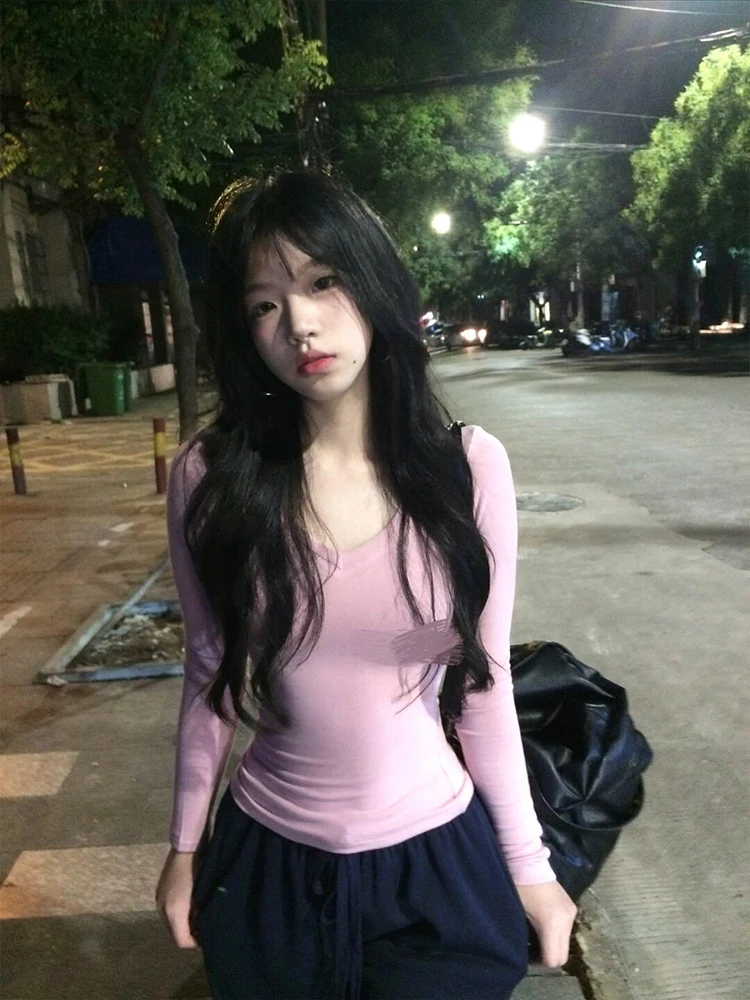 American Sle Sexy Girl V-ne Pink Long Sve T-irt Women's Autumn Elastic Slimming Sexy Underwear Base Top