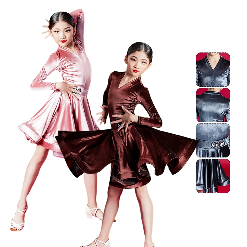 Winter Warm Latin Dance Kids Dresses for Girls Dress Velvet Ballroom Competition Party Stage Performance Practice Costumes