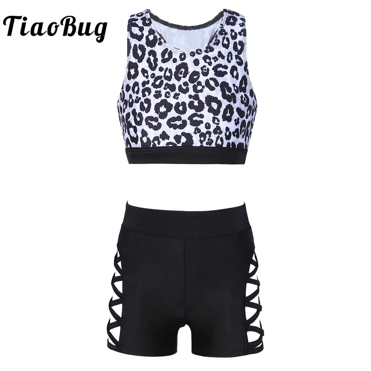 2Pcs Kids Girls Dance Costumes Outfit Ballet Dance Gymnastics Leotard Shorts Set Leopard Print Sleeveless Workout Dance Clothes