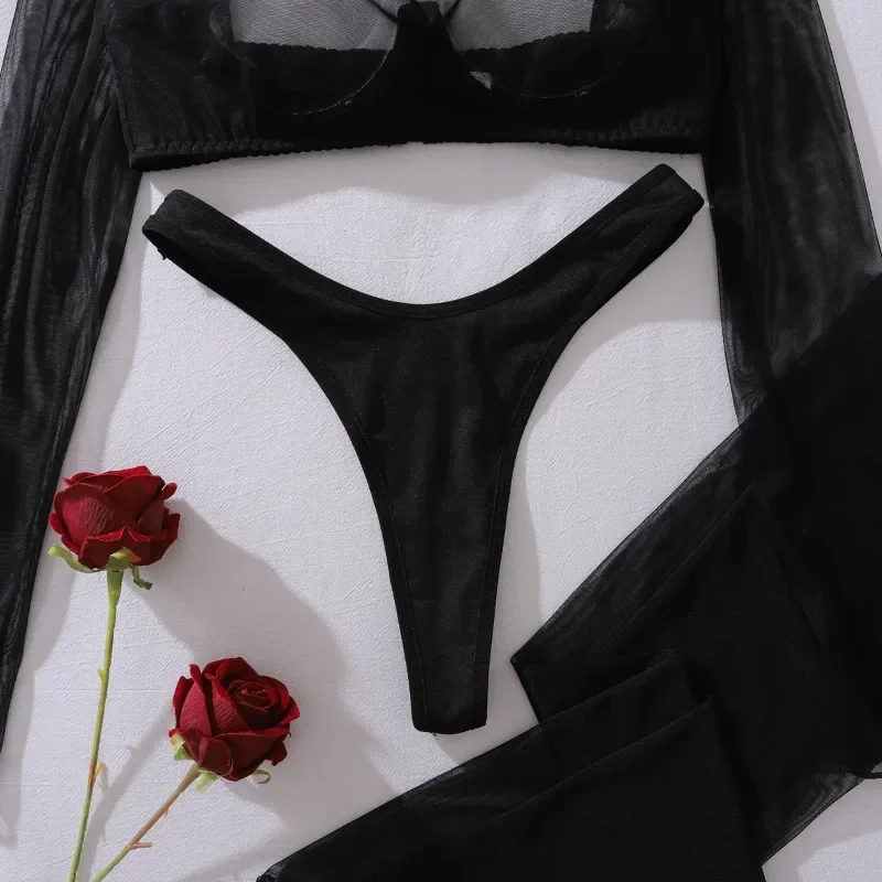 Ensemble de 3 culottes de Lingerie Ultra chaudes pour femmes, ensemble séduisant transparent à manches longues, haut slip avec bas intimes