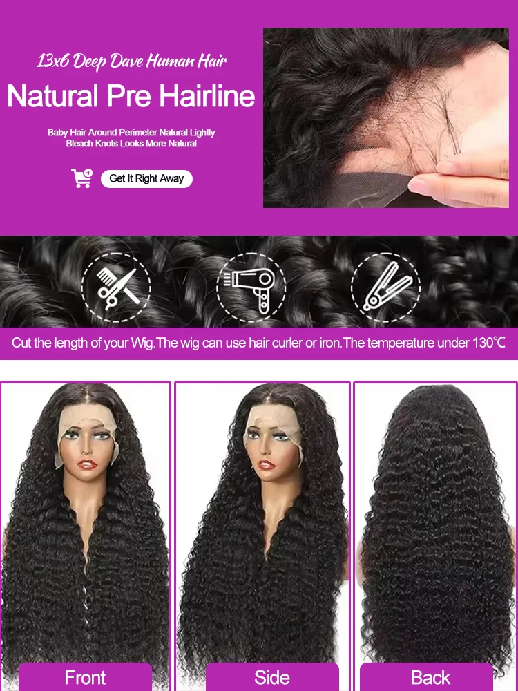 40 46 Inch Deep Wave Lace Frontal Wig 13x4 13x6 Hd Transparent Curly Human Hair Lace Front Wigs For Black Women Water Wave Lace Wigs Pre Plucked Baby Hair 300 High Density Brazilian Human Hair 6