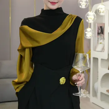 캐주얼 불규칙한 패치워크 셔츠, 비대칭 여성 의류, 하프 하이 칼라, 용수철 가을 통근 단색 블라우스, 패션