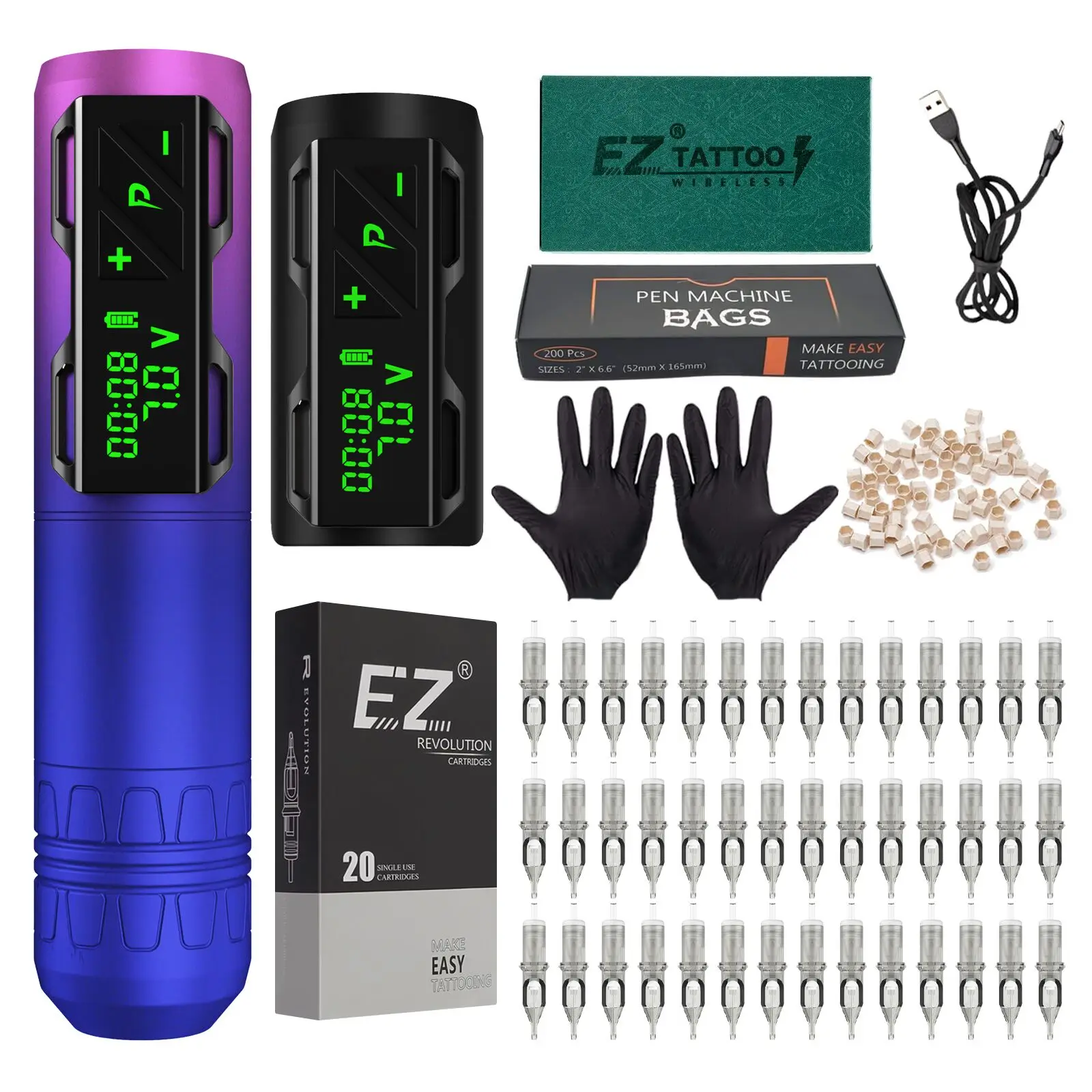 EZ Wireless Tattoo Machine Kit  4.0mm Stroke Cordless Motor P2S Rotary Tattoo Gun Pen Kit Battery Pack 40Pcs Tattoo Needles