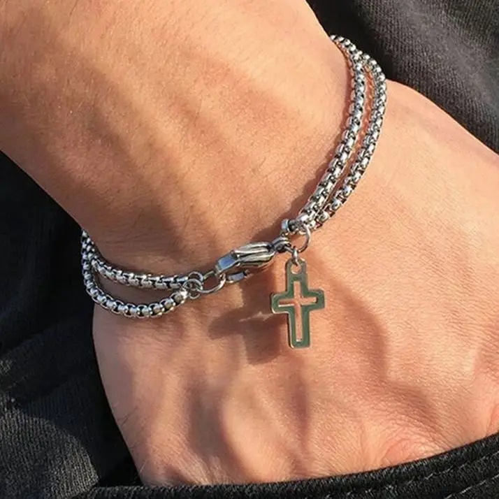 Tanio Krzyż z dziurką bransoletka dla mężczyzn podwójny łańcuch krzyż