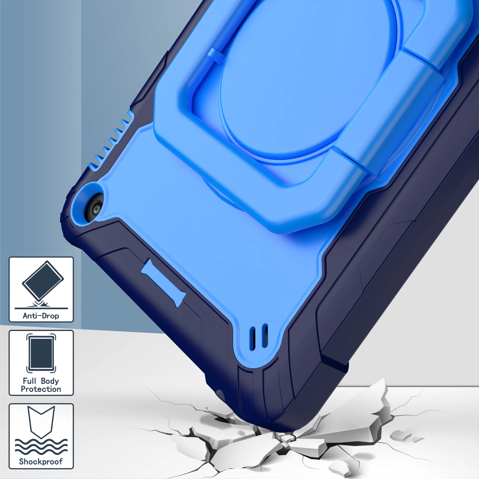 Durable Dropproof Tablet Case with 360° Swivel Holder and Shoulder Straps, Contrasting Design