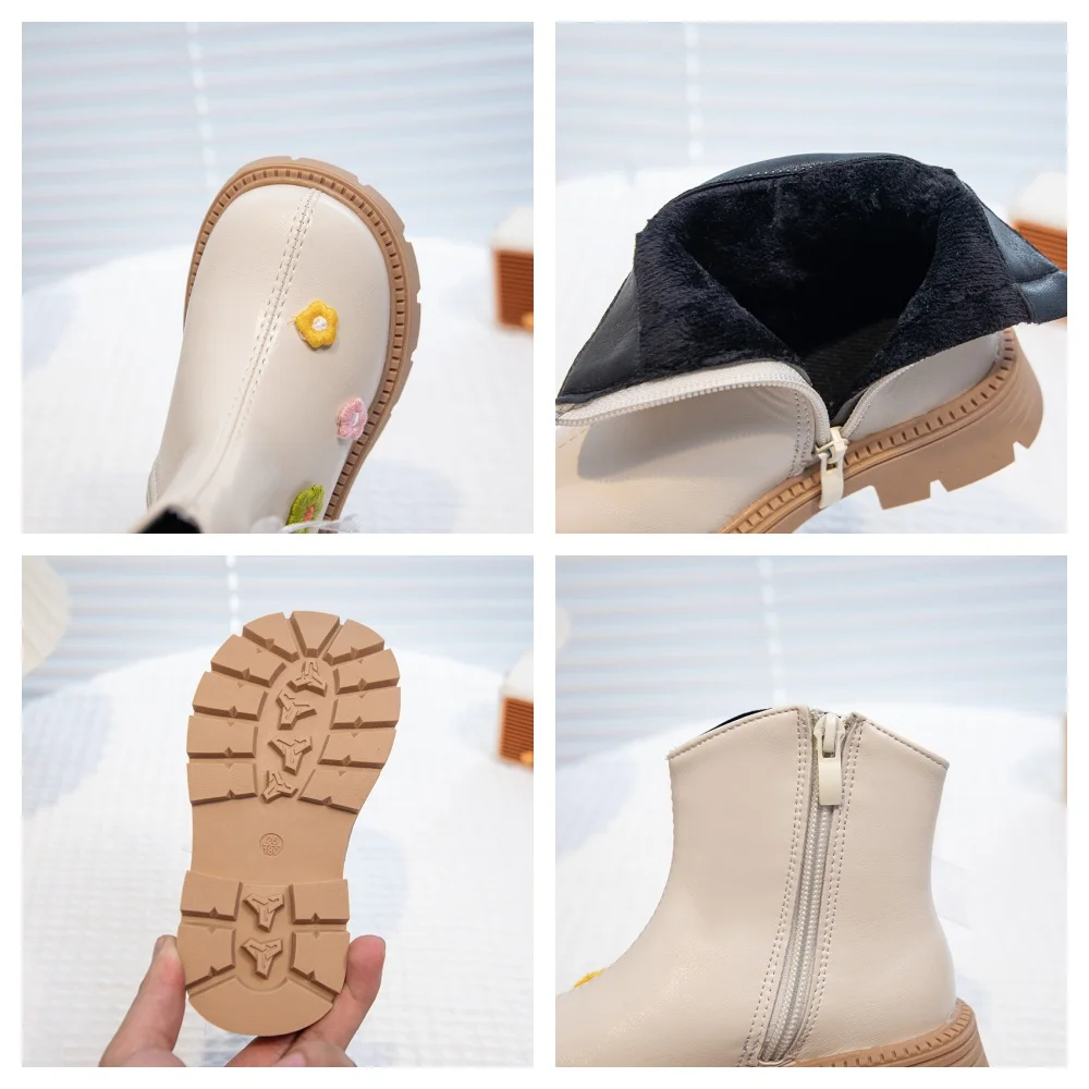 Girls Thermal Ankle Boots with Cute Flower for Autumn Winter