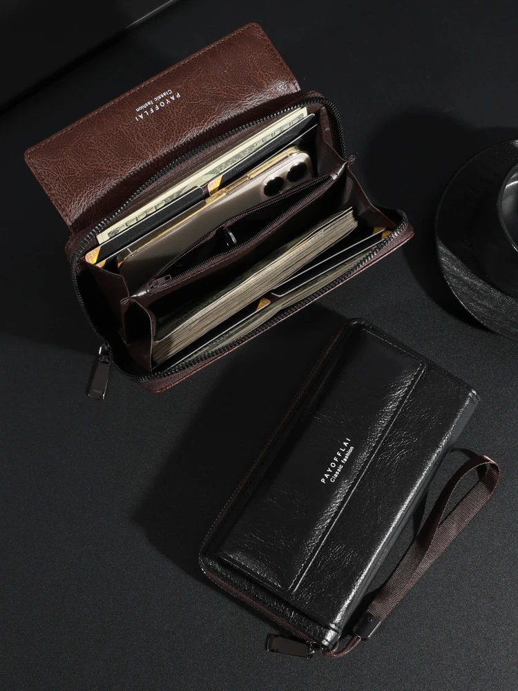 Men's Leather Wallet PU Zipper Handbag Large Capacity Long Wallet Clutch Bag Phone Bag Multi Card Card Holder Coin Purse Double Layer