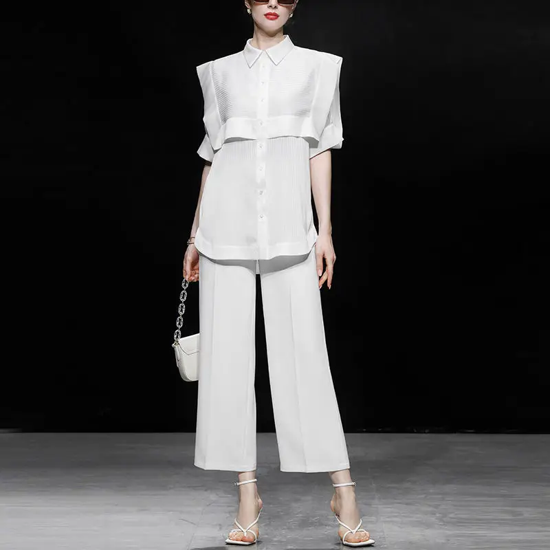 

Women's White Color Shirts + Trousers 2022 Summer Fashion Blouse Tops 2 Pieces Suit Elegant Ladies Wide Legs Pants Suit Set
