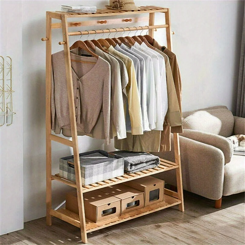 Bamboo Clothes Hanging Garment Rack Heavy Duty Laundry Rack Cloest Storage Shelf 5