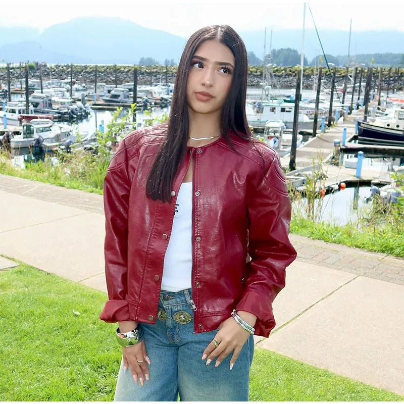 PU Leather Jackets Long Skirts Women's Set Vintage Solid O-Neck Jackets A-Lined Slim Fit Skirt Sets Female Chic Street Outfits