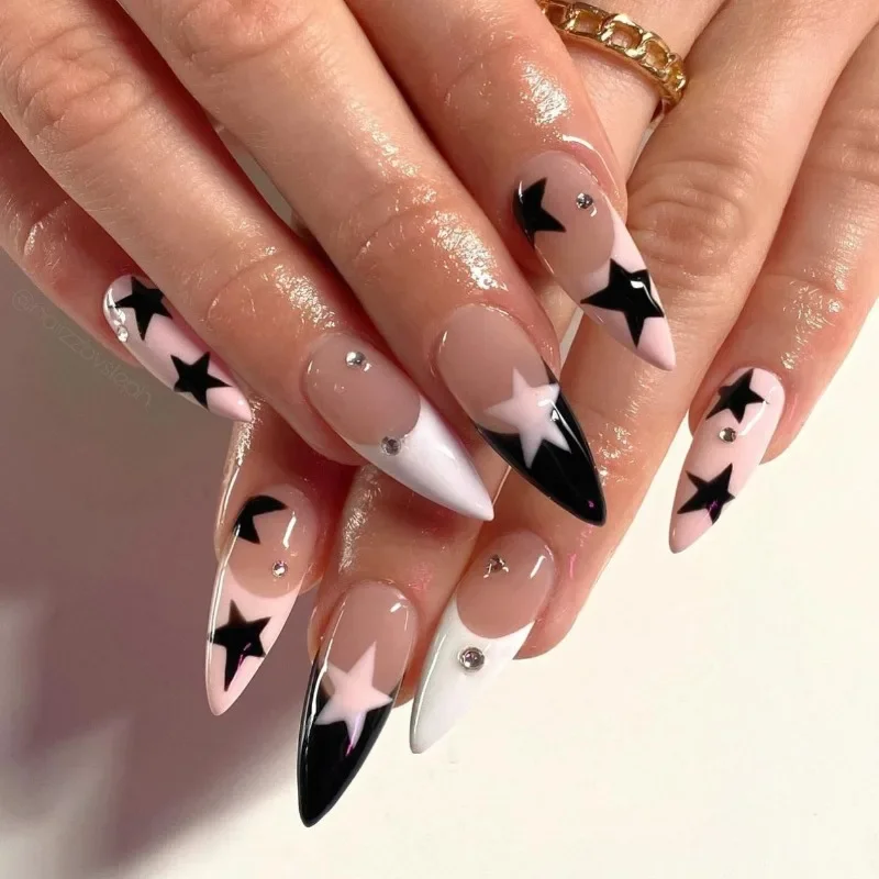 24 Pcs Rhinestones Stiletto Nails for Girls Long Press on Nails with Design Black White French Star False Nails with Glue 2025