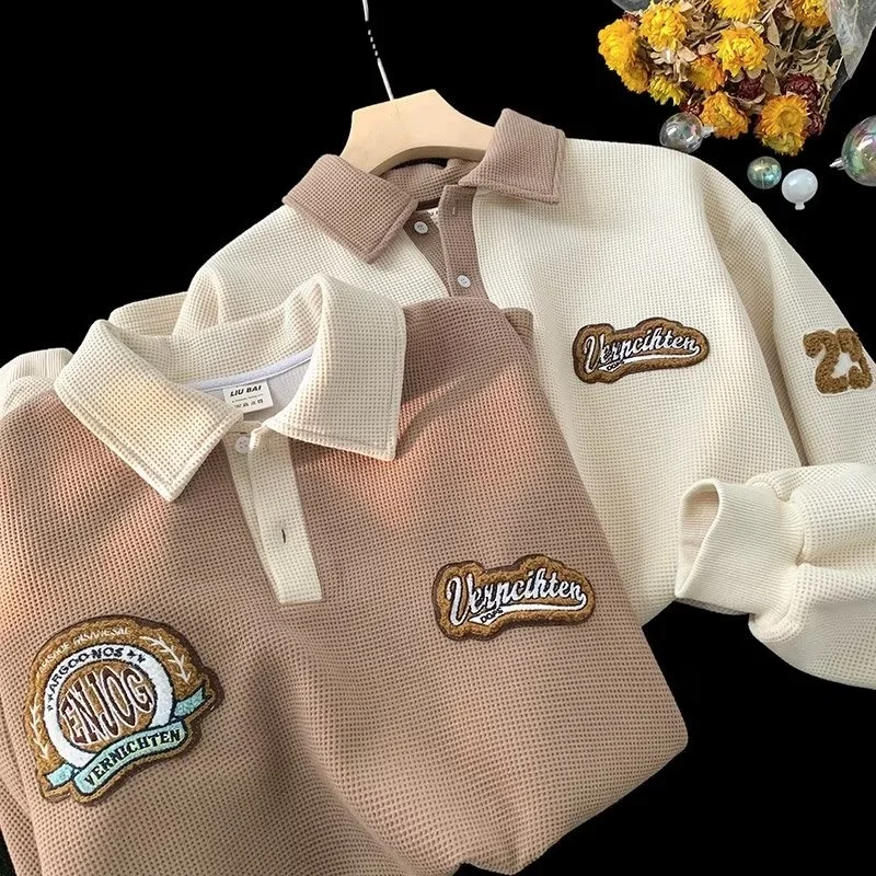 Ele Long Sve Men's  irt with Letter Embroidery And Collar American Sle Sweatirt Trendy Loose Fit Teenage Wear