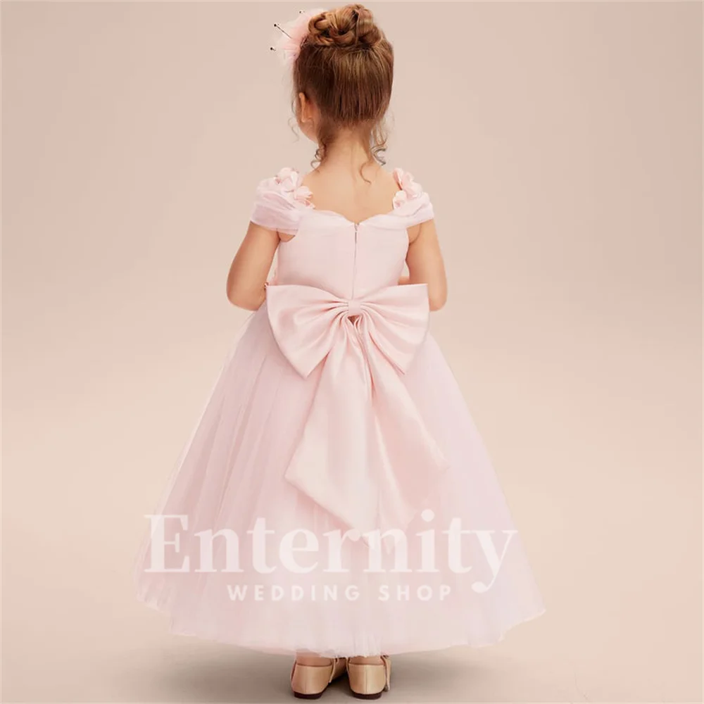 Flower Girl Dresses A Line Cold Shoulder Girls Elegant Dresses Tea-Length Tulle Flower Bow Wedding Dresses Vestidos Para Niñas