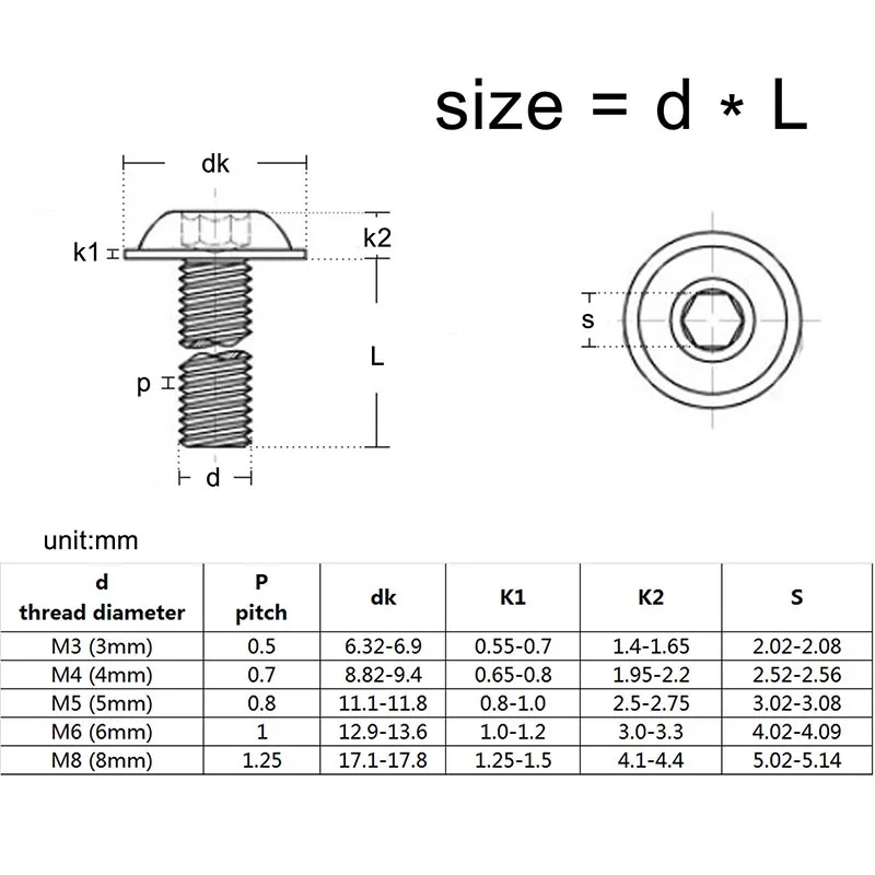 Stainless Steel Screw M2 M2.5 M3 M4 M5 M6 M8 M10 A2-70 Hexagon Socket Button Head Screws with Collar Bolt 10pcs/lot