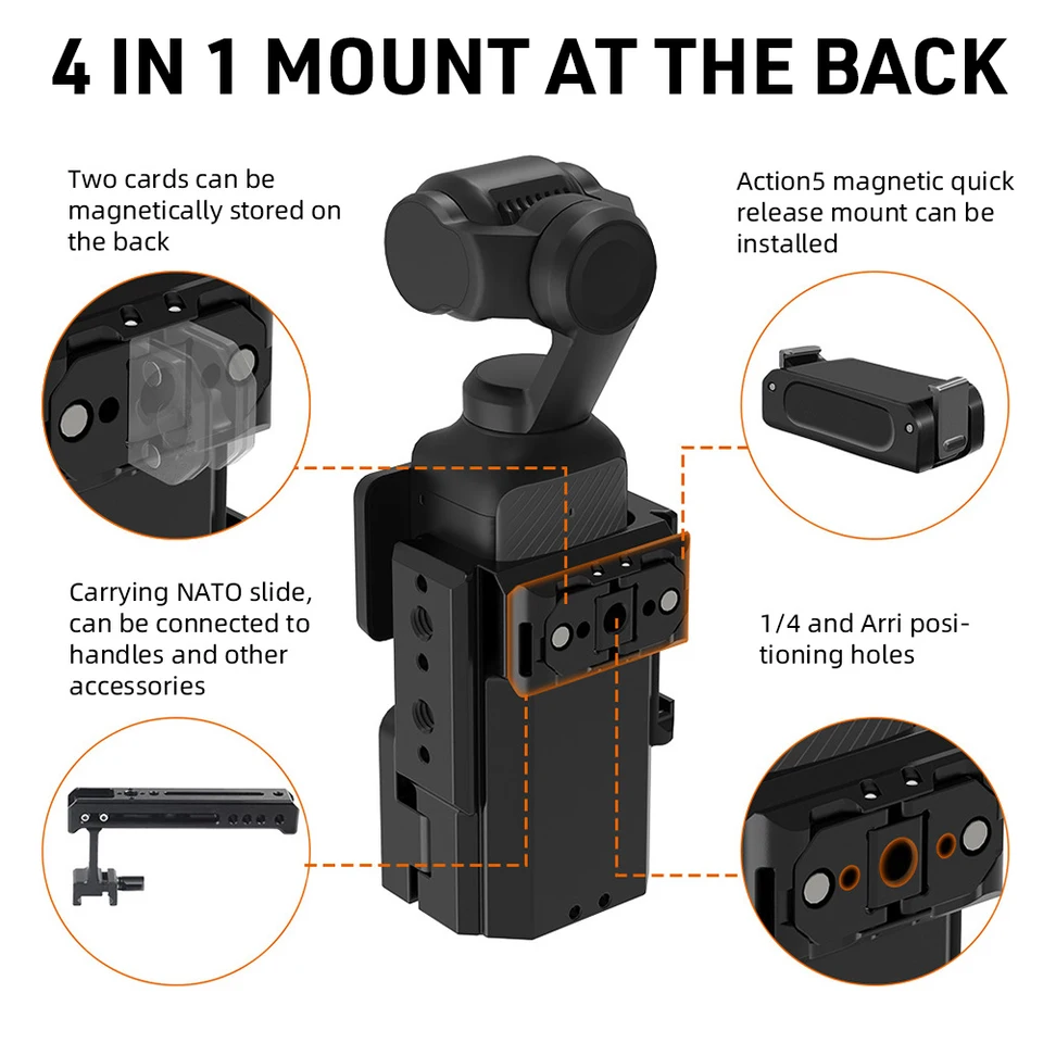 Metal Cage Compatible With DJI OSMO Pocket 3,DJI Pocket3 Accessories Protective Case Expansion Adapter With Quick-Release Lock, Back Magnetic Mount Stand, Black