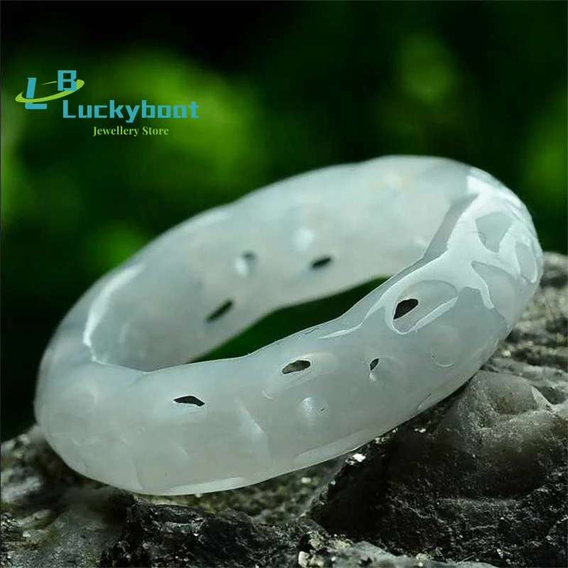 

100% 7A изумрудно-зеленое нефритовое кольцо из Мьянмы, ручная работа, полый резьбовой узор, нефритовые кольца, нефритовые ювелирные изделия, внутренняя фотография