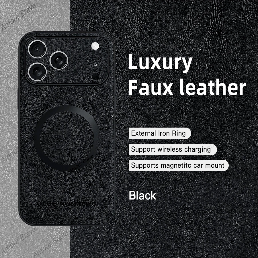 Luxury Textured Leather Phone Case with Wireless Charging & Magnetic Cover