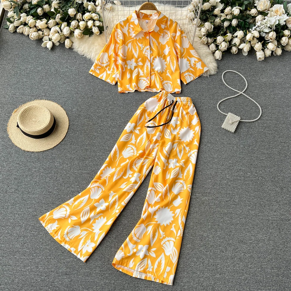 

Vacation Style Temperament Printed Short-sleeved Shirt Straight Loose Casual Wide Leg Long Pants Two-piece Suit