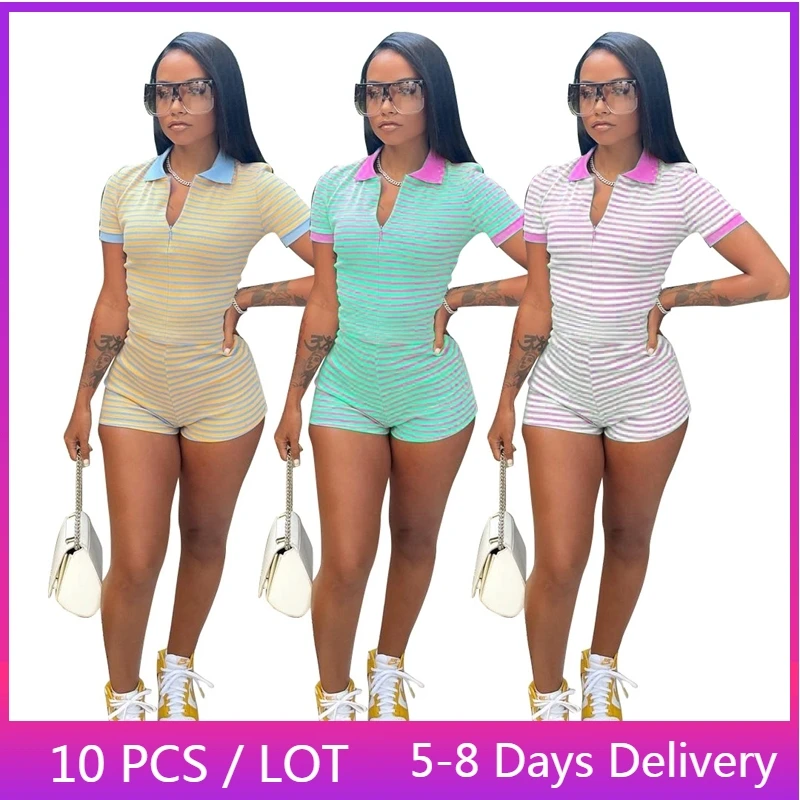 

Wholesale Items Striped Summer Jumpsuit Women Clothing Fashion Zipper Casual Jumpsuit Short Sleeve Romper Playsuit Women Fitness