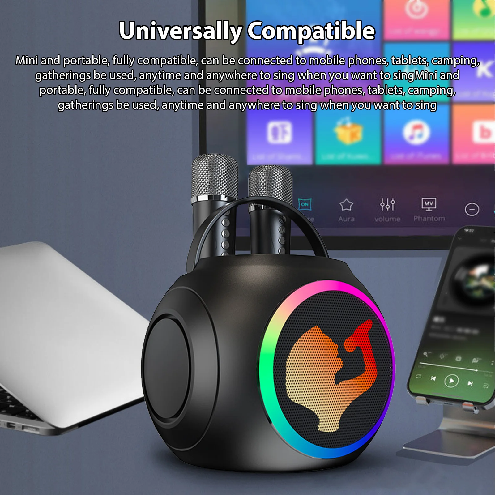 Karaoke Machine with 2 Microphones Wireless BT Microphone and Speaker KTV Set RGB Light Effects Handheld Mic Portable Karaoke