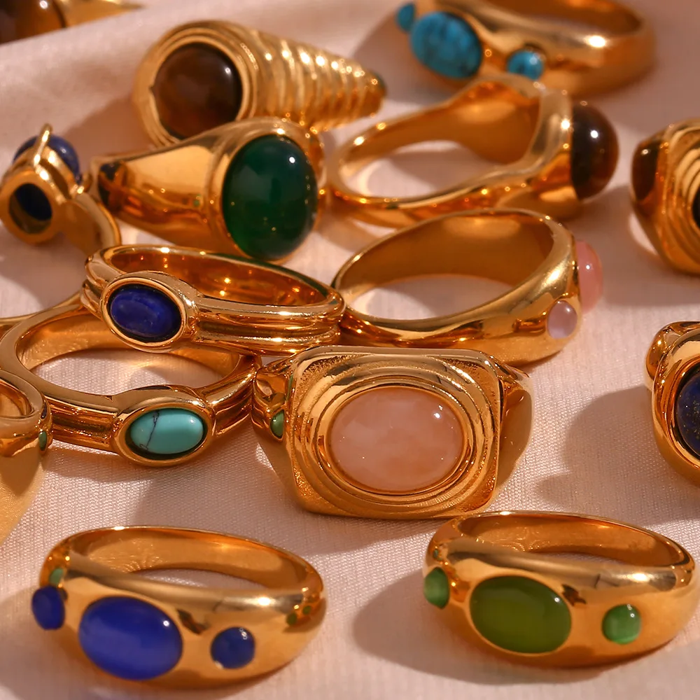 Natural Stone Titanium Steel Ring Stainless Steel Gold-Plated Ring Jewelry Finger Accessories Gift