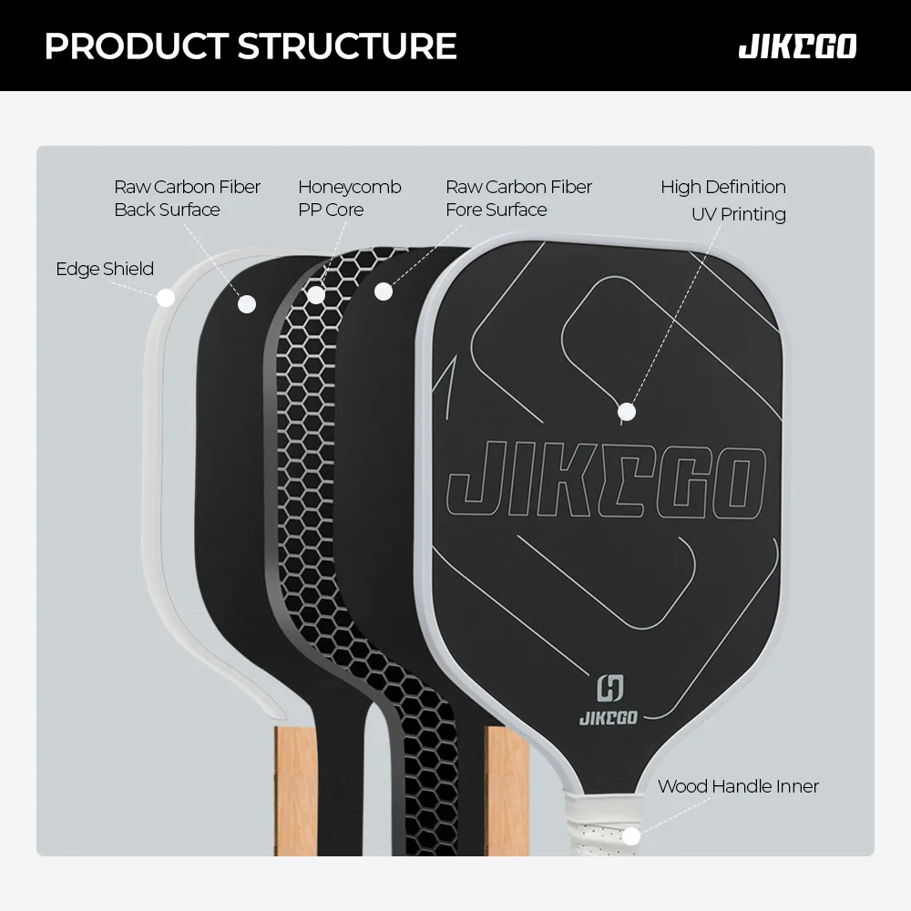 JIKEGO Enlongated RCF Pickle Ball Paddles Lead Tape Pickleball Paddle Sets Racket Cover Men Women 16MM Raw Carbon Fiber Spin