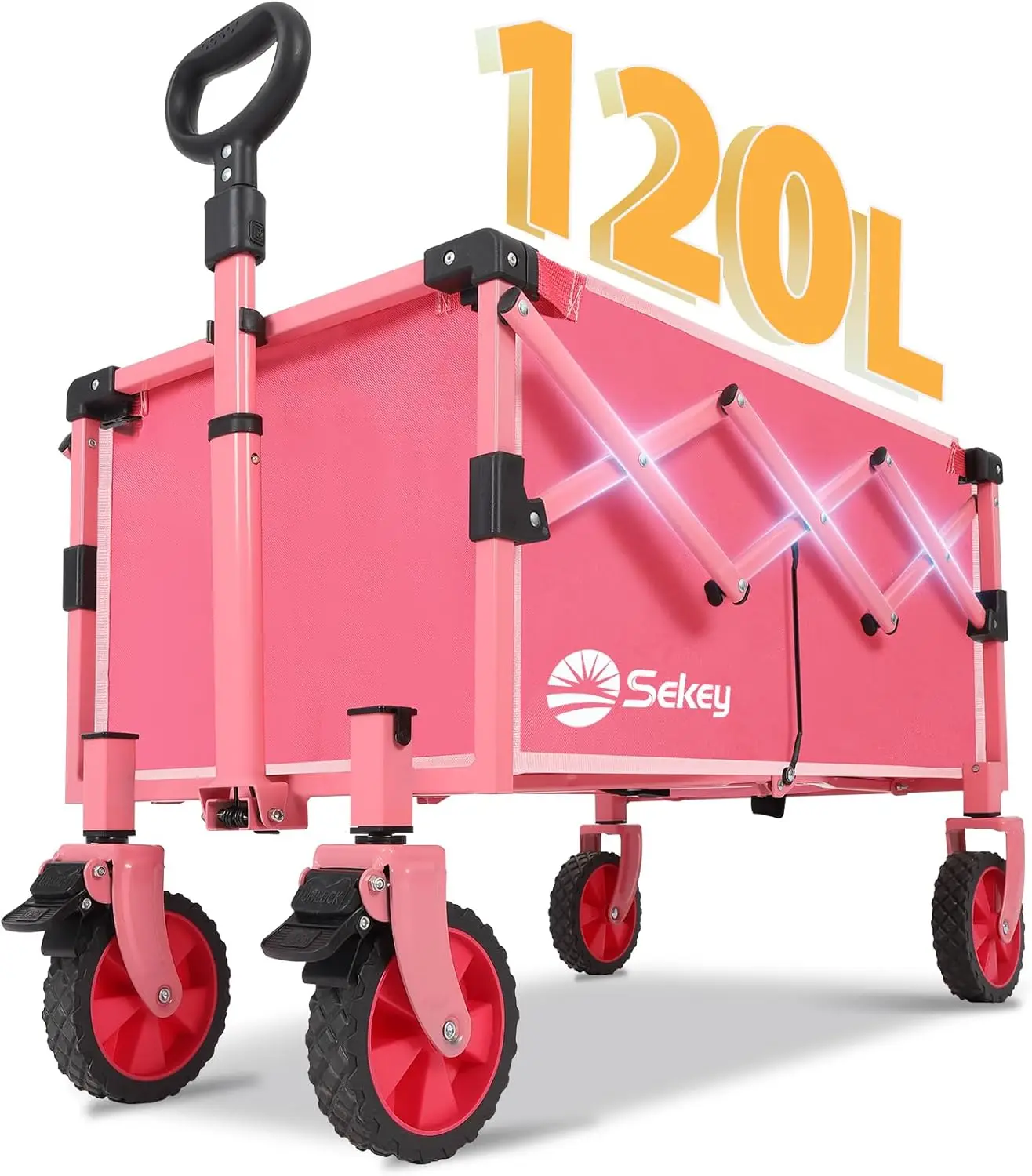 Folding Wagon with Brakes Collapsible Lightweight Wagon Foldable Folding Cart 220LBS Utility Heavy Duty Beach Garden Cart
