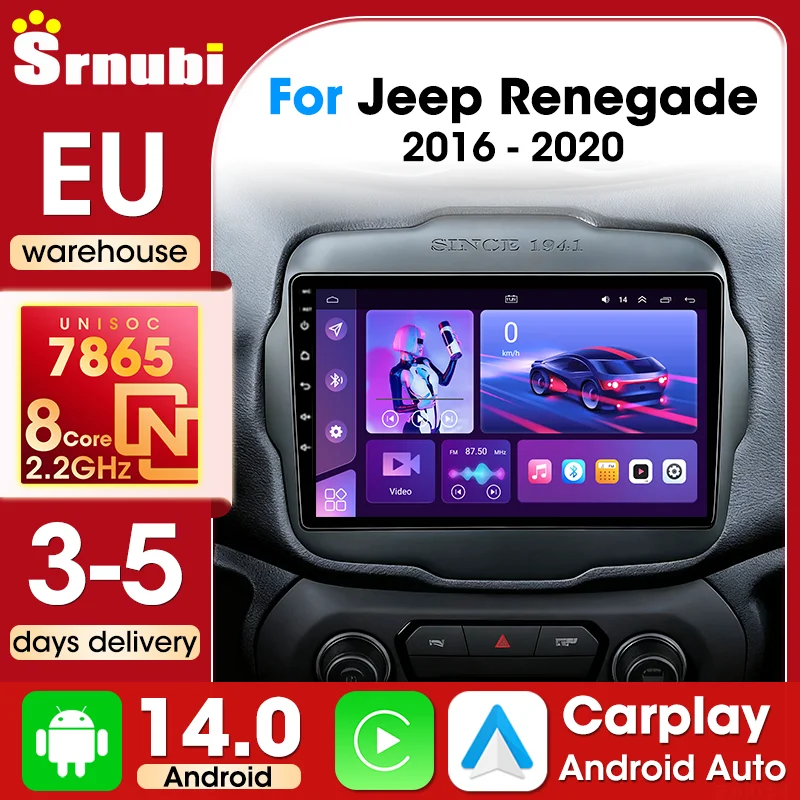 Srnubi Carplay inalámbrico para Jeep Renegade 2016 2017 2018 2018 2020 Android Auto, Radio para coche de 9 pulgadas, reproductor Multimedia, navegación GPS, 2 Din UIS7865, pantalla QLED, luz de botón 1
