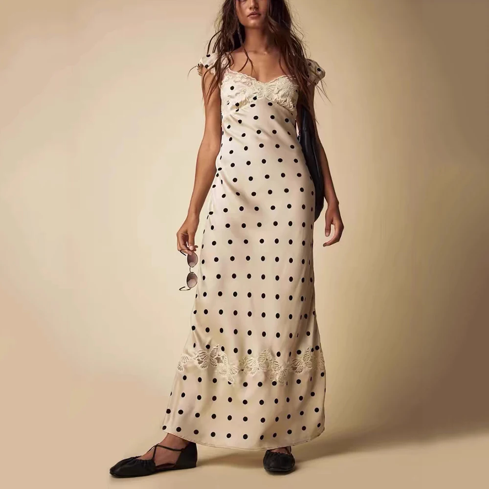 

Lace Mesh Splicing V-Neck Women's Dress Y2k Polka Dot Pattern Back Hollow Out Commuter Hundred Long Dresses 2024 Summer New