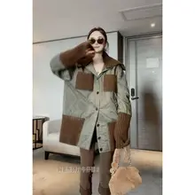  EWSFV 2021 Winter Hot Fashion Women Sailor Collar Knitwear Patchwork Cotton-Padded Jacket Casual Large Size X-Long Sleeve Coat 