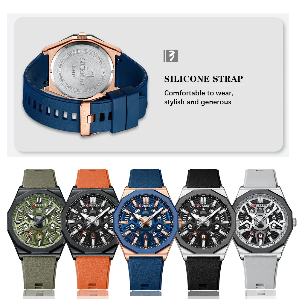 CURREN Fashion Design Wristwatches for Men's Casual Silicone Straps Quartz Auto Date Watch with Luminous Hands 8437