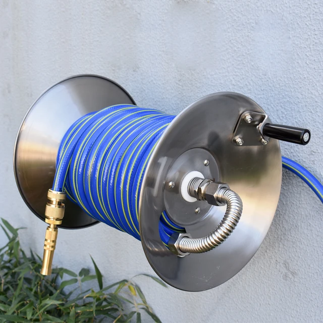 Stainless Steel Garden Hose Reel Heavy Duty Wall Mounted Metal Water Hose  Reel 130 Feet 1/