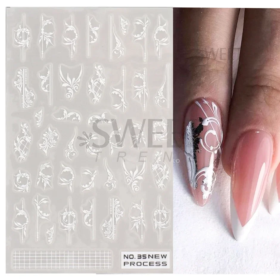 White Lace Flower Nail Art Sticker Acrylic Floral Charm Adhesive Sliders Elegant Wedding Bride Simple Line Design Manicure Decal