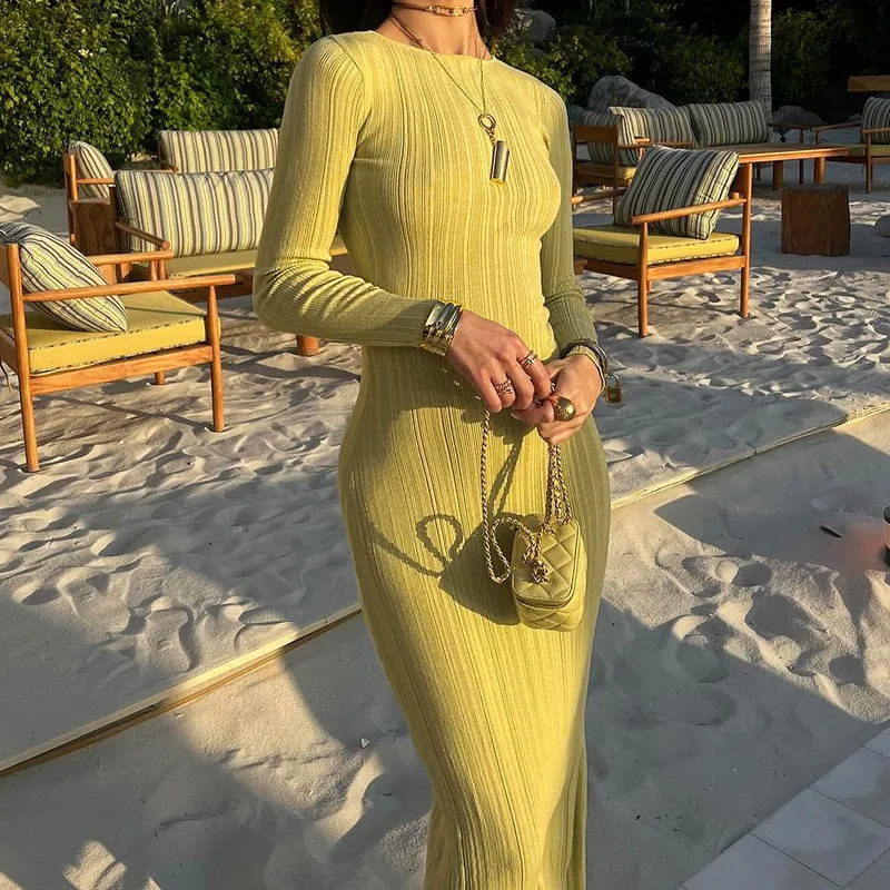 Fashion Autumn Slim Maxi Dress For Women High Waist Patchwork Ribbed Elegant Party Dress Ladies Solid Long Dress Clothes
