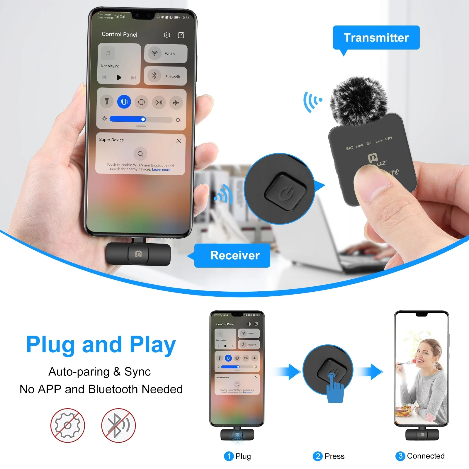 PULUZ Wireless Lavalier Lapel Condenser Microphone for iPhone Type C Android Smartphone Camera PC Gaming YouTube Broadcast Vlog - Image 3