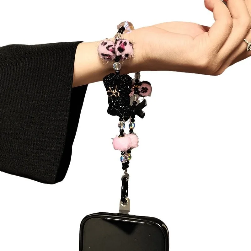 Cartoon Crystal Bear Plush Ball Luxury Wrist Chain with Beaded Lanyard