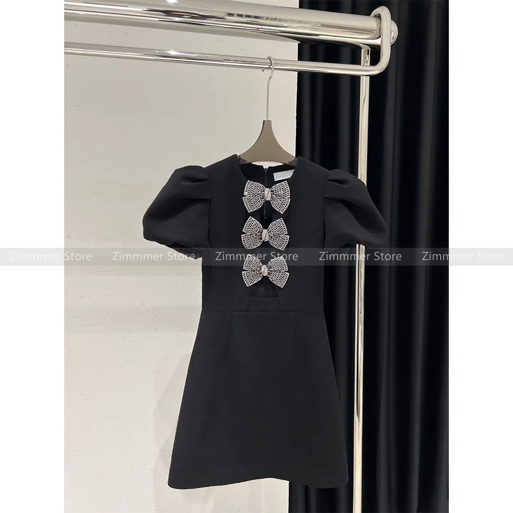 

2024 Early spring new French retro temperament hollow bow bubble short-sleeved dress