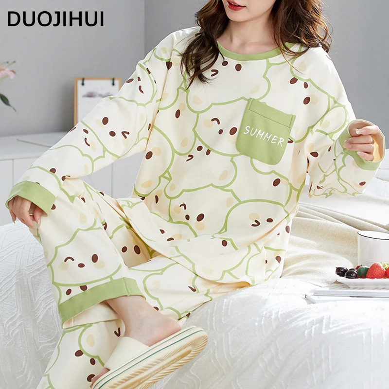 

DUOJIHUI Contrast Color Lovely Print Female Pajamas Set Basic Simple Casual Fashion Pockets Autumn Long Sleeve Pajamas for Women