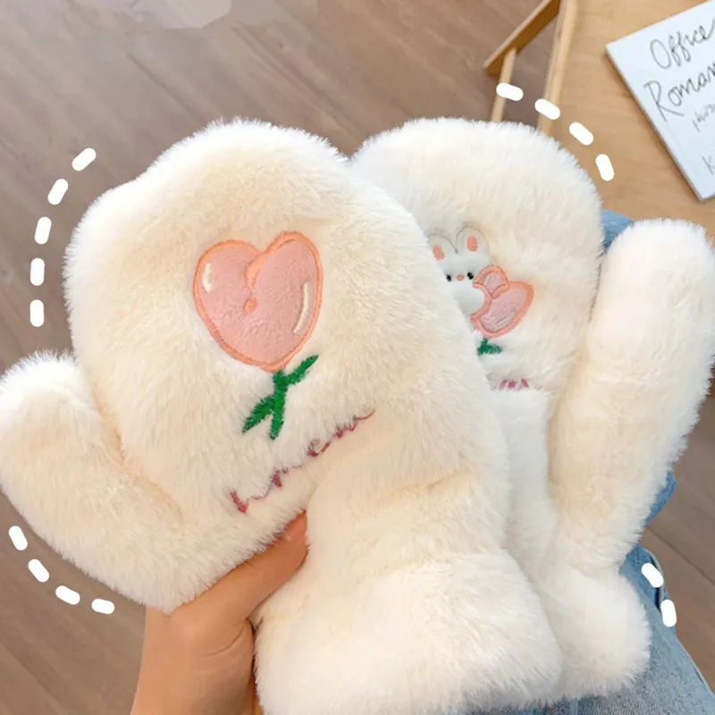 Girls Tulip Embroidery Plush Gloves Bear Rabbit Print Winter Warm Fingerless Gloves With Ropes Studengs Riding Thicken Mittens cute cat bear rabbit fur mittens women winter gloves for women girls animal ear flip plush glove fingerless thicken warm mitten