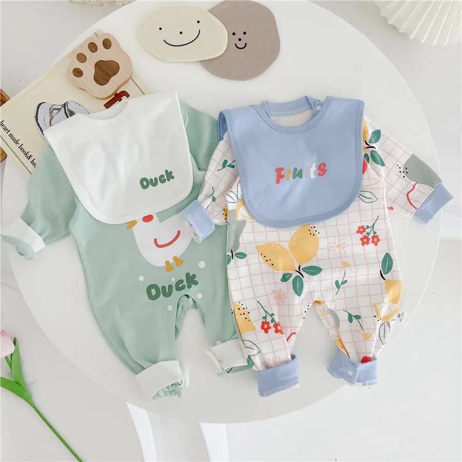 

Spring Autumn 0-12m Baby Clothes with Bibs Baby Boy Clothes Set Babygirl Rompers Newborn Clothes Baby Onesies Pure Cotton