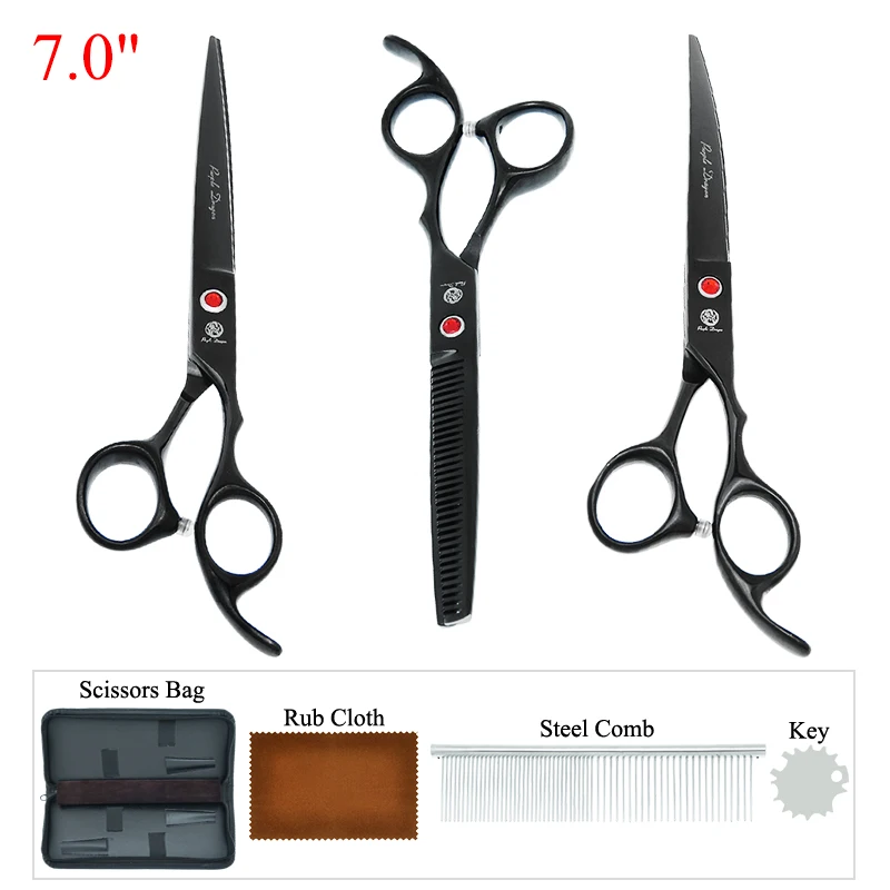 

7 inch Purple Dragon Pet Scissors Grooming Tools Kit Straight Hair Shears Dog Fur Curved Clippers Steel Comb Scissors Bag B0026B