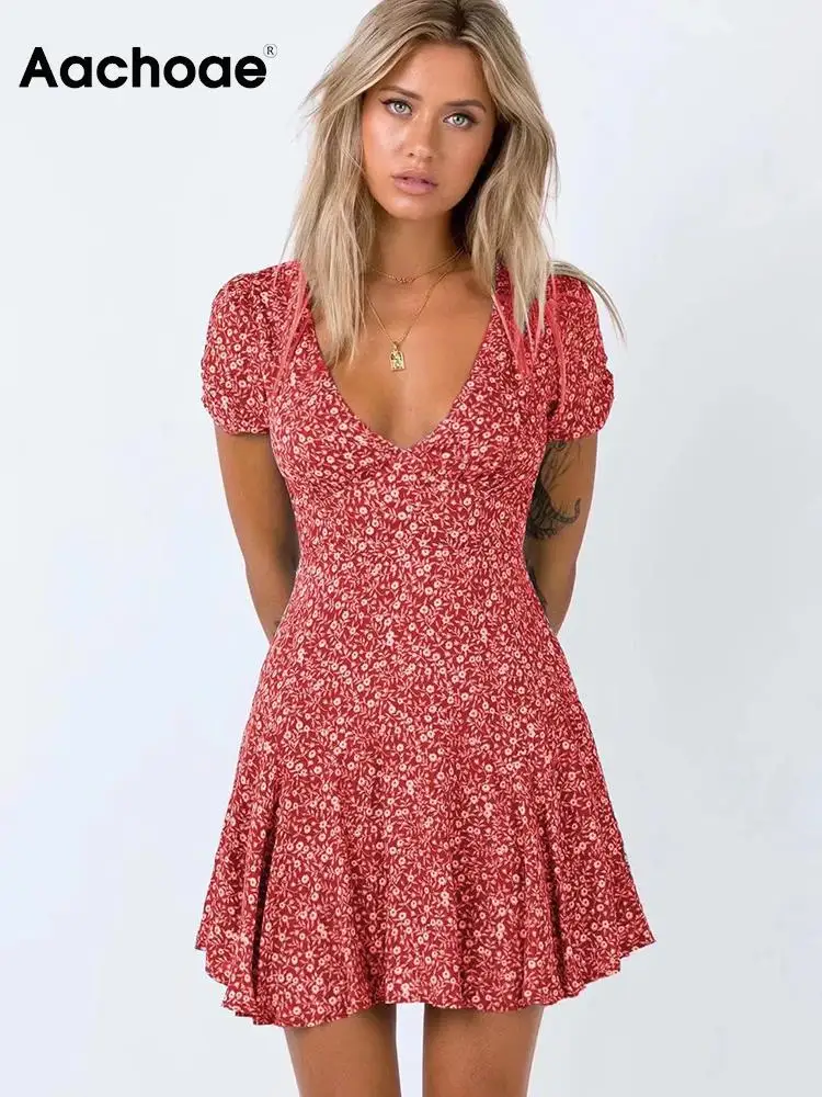 

Aachoae Summer V Neck Beach A Line Dress Women Printed Boho Mini Dresses 2022 Short Sleeve Casual Ladies Sundress Vestidos Mujer