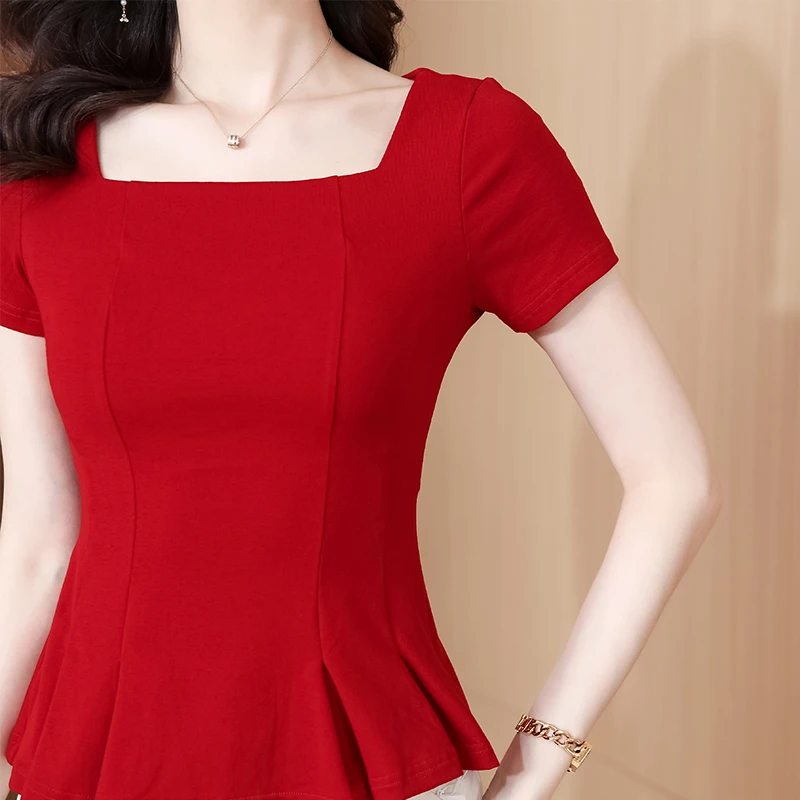 

Womens t-shirts Summer Korean style Square neck short sleeve slim tops womens stretchy pleated tee shirt femme
