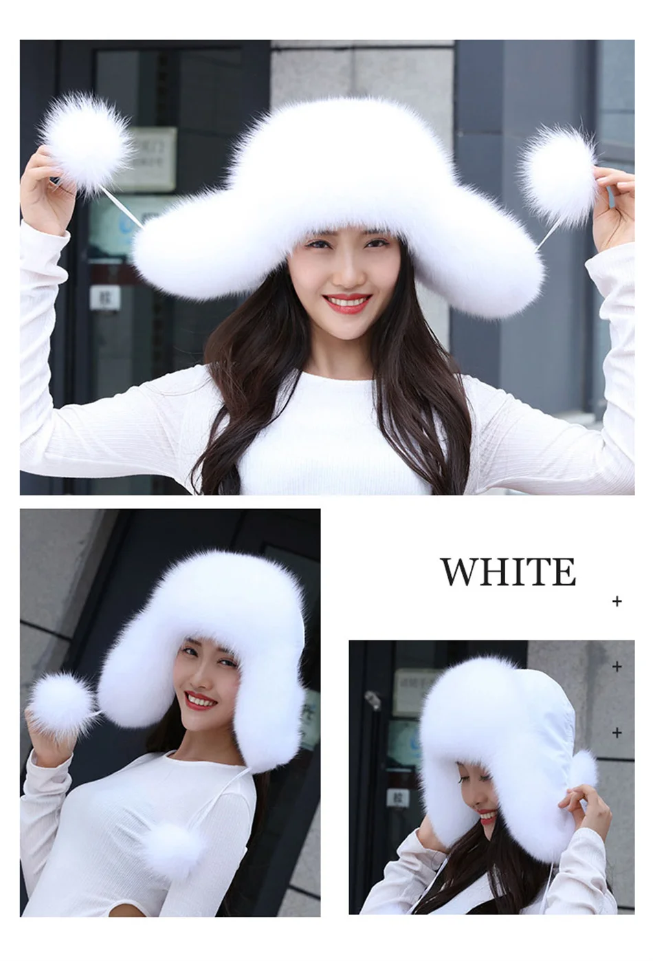 100% Echte Fuchsfell-Mützen für Damen, Russische Uschanka, Aviator-Schneemütze, Modische Wintermütze mit Ohrenklappe, Waschbärfell-Jackenmütze – Detail 12