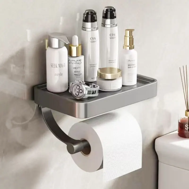 

Bathroom Toilet Paper Holder Aluminum Wall Mounted Paper Roll Holder Paper Towel Holder Mobile Phone Multi-function Shelves WC S