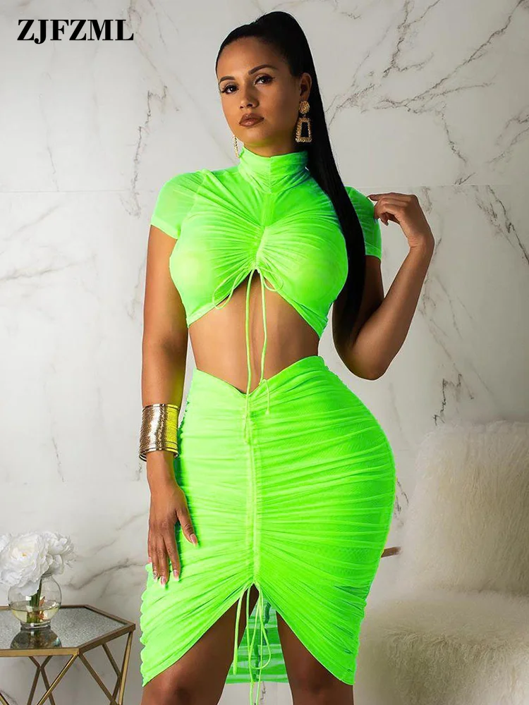 Neon Green Yellow Sexy Two Piece Set Women Turtleneck Short Sleeve Crop Top+ Pleated Bodycon Dress Tracksuit 2 Piece Club Outfit